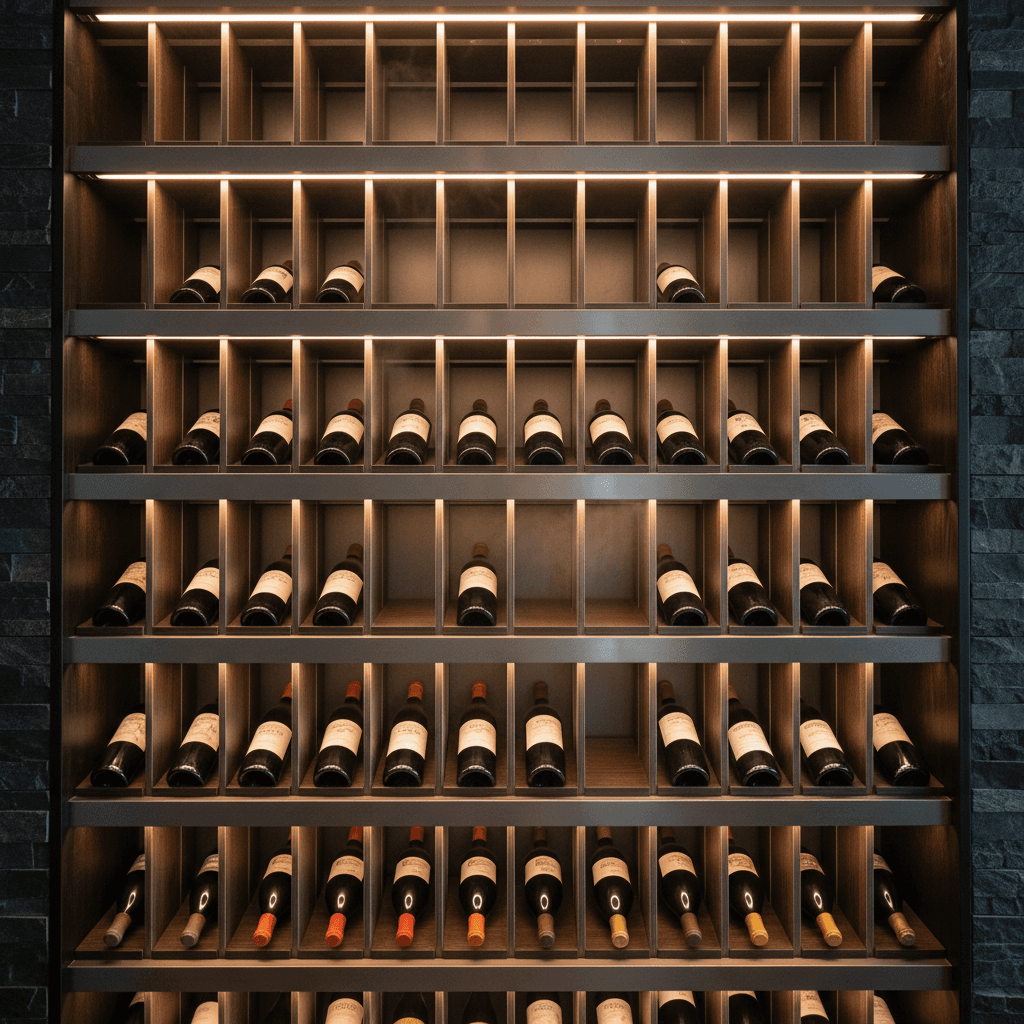 Wine bottles in storage rack