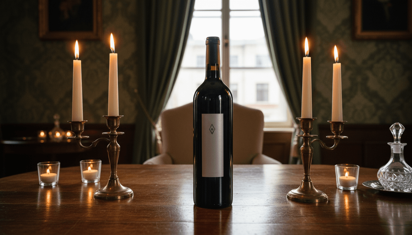 A single bottle of red wine on a dark wooden table, illuminated by soft candlelight in a refined, private setting
