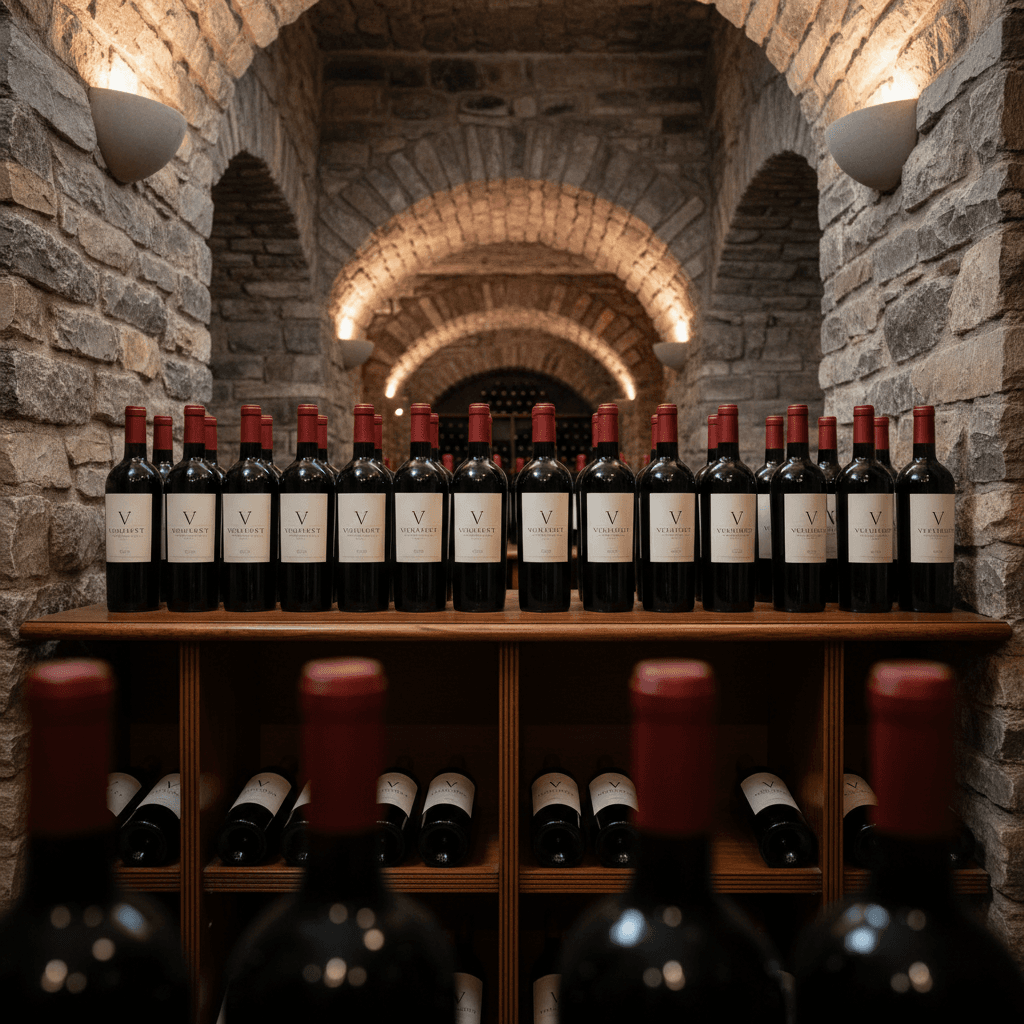Red wine bottles on wooden shelf in a stone wine cellar