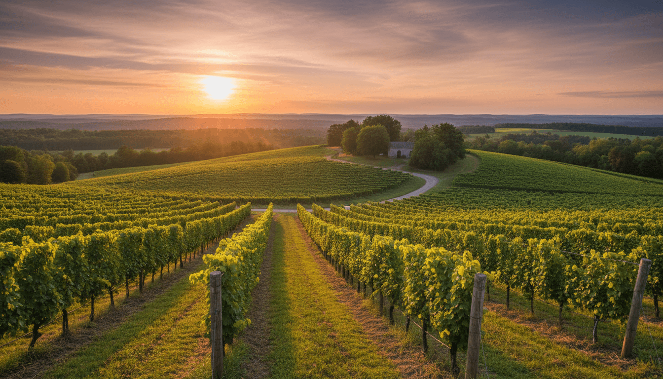 Ontario vineyard at golden hour with rolling hills and green vines