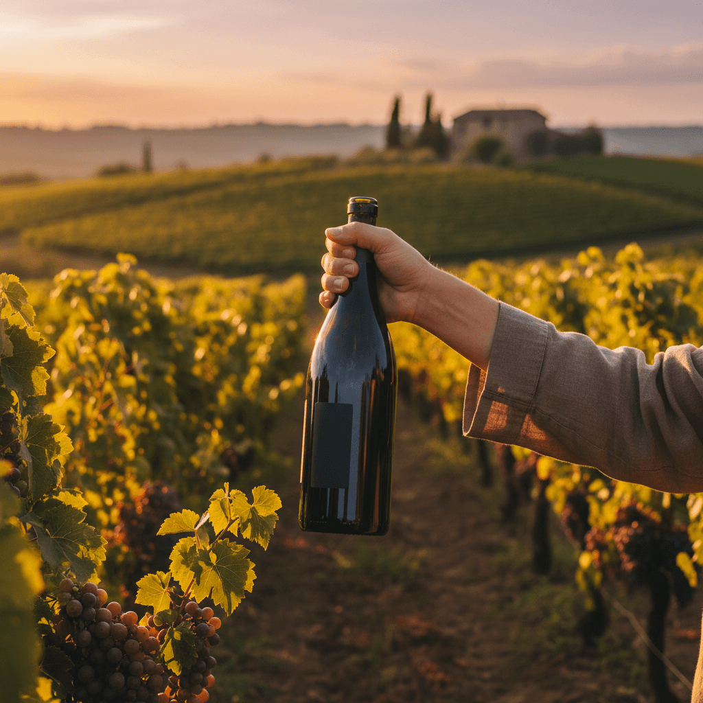 Holding wine bottle in vineyard