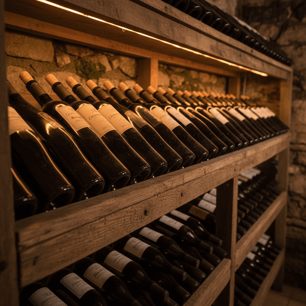 Wine bottles lined on wooden shelf in cellar