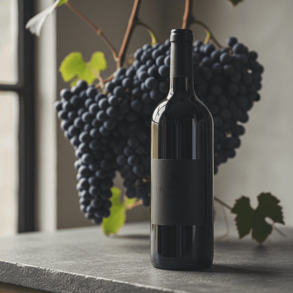 Wine bottle with grapes behind