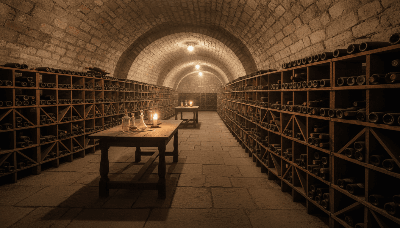 Wine cellar with aging bottles