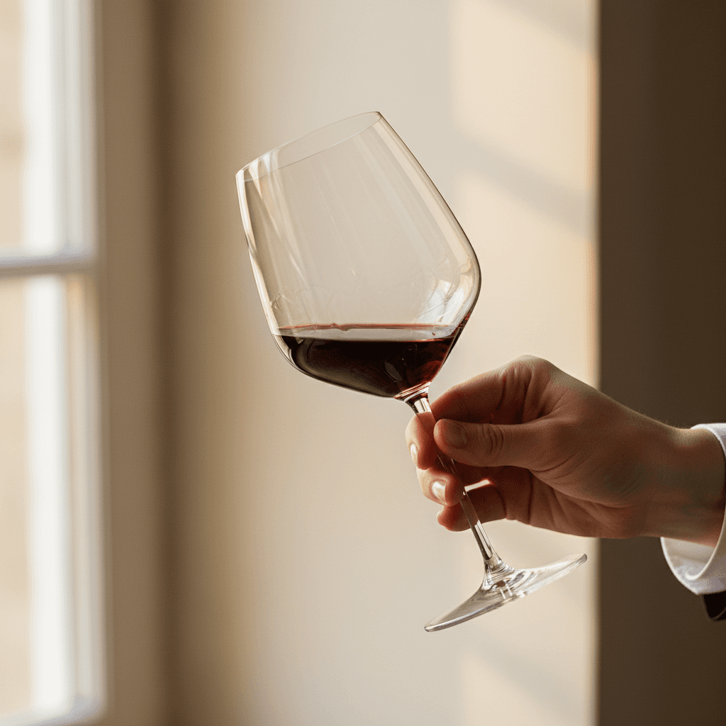 Red wine being poured into glass in a dimly lit refined room