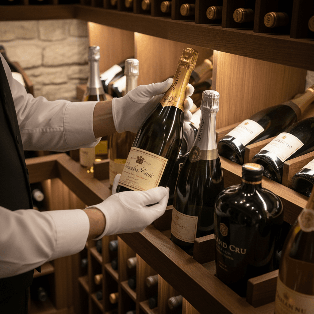 A single glass of red wine being poured from a bottle in a dimly lit cellar with warm candlelight