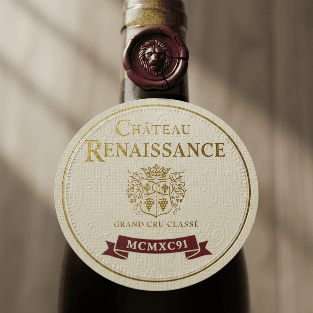 Close up of a wine bottle label with gold foil text