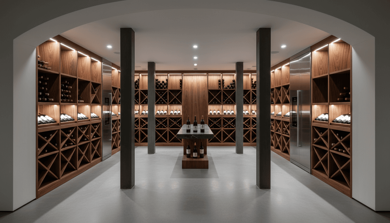 Modern luxury wine cellar with custom wooden racks displaying hundreds of bottles under ambient lighting