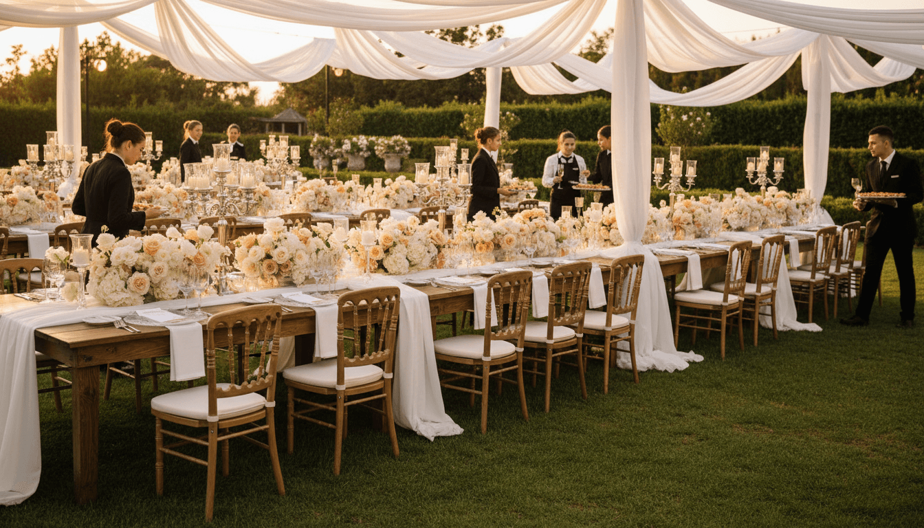 Outdoor garden gathering with wine service