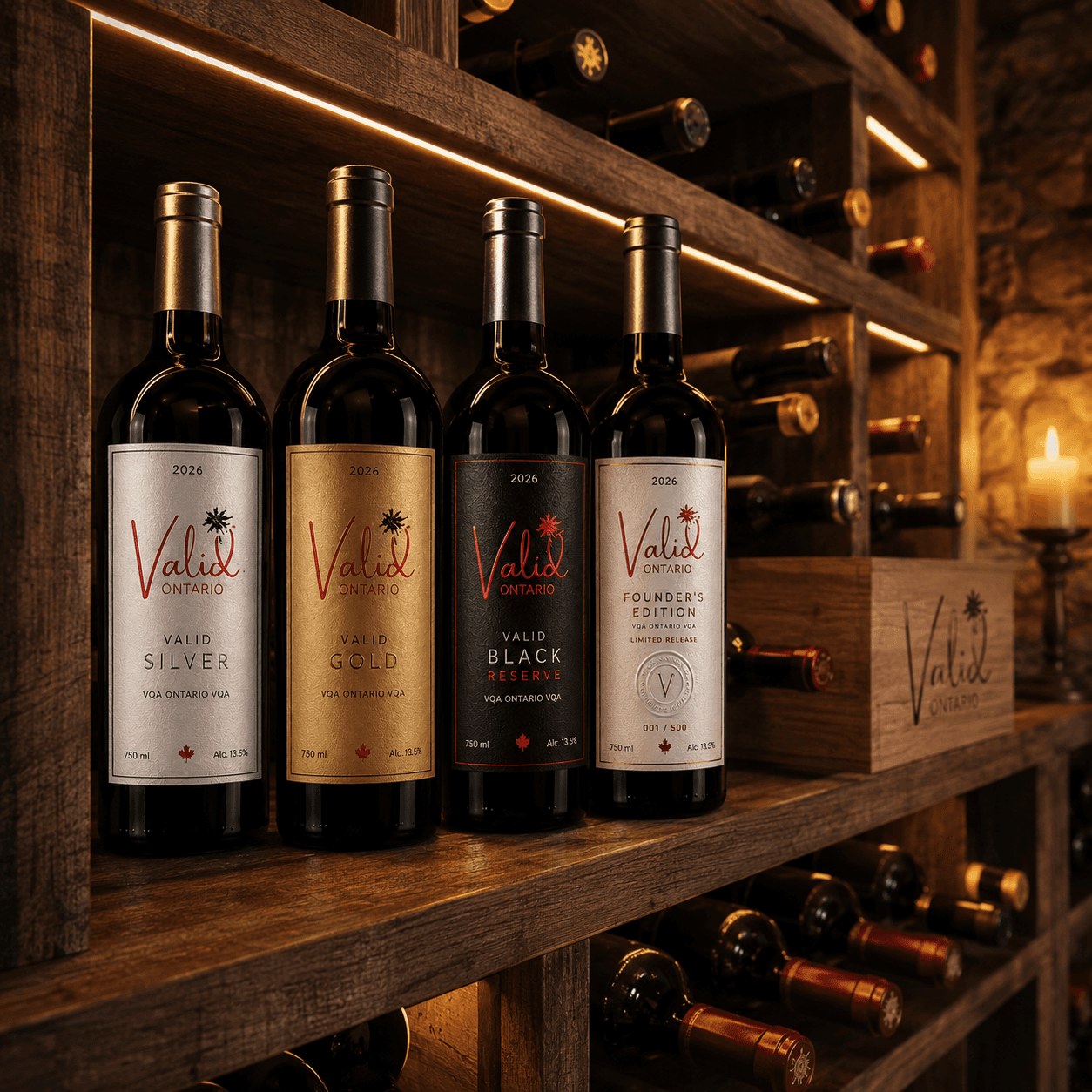 Four bottles of Valid Ontario wine stand on a wooden shelf in a warm cellar.