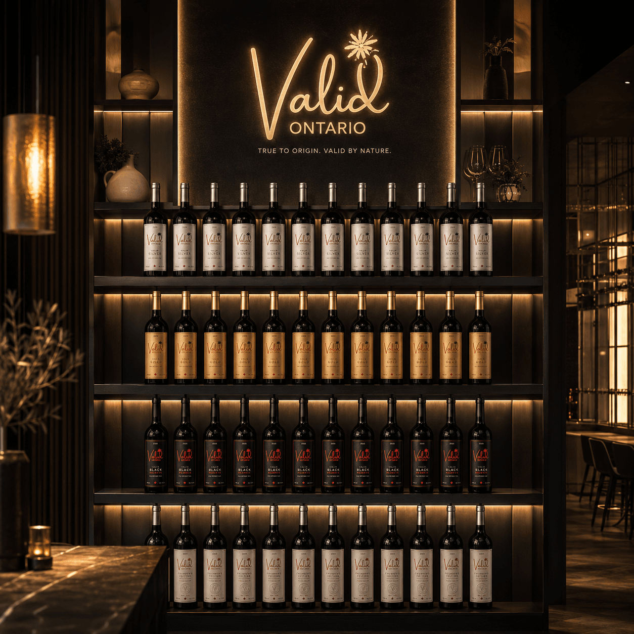 Rows of wine bottles on backlit shelves beneath a glowing neon Valid Ontario sign.