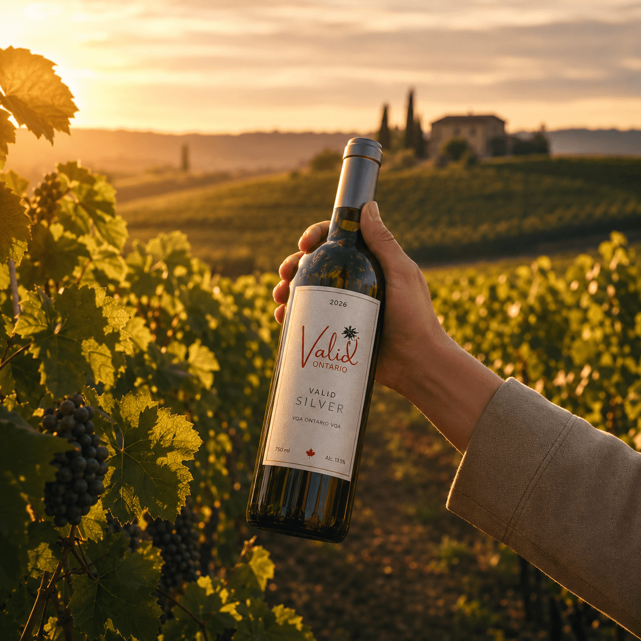 Hand holding a Valid Silver wine bottle in a vineyard with grapes at sunset.
