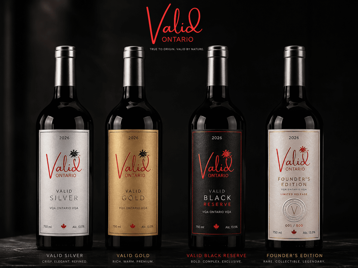 Four Valid Ontario wine bottles with silver, gold, black, and cream labels on dark background.