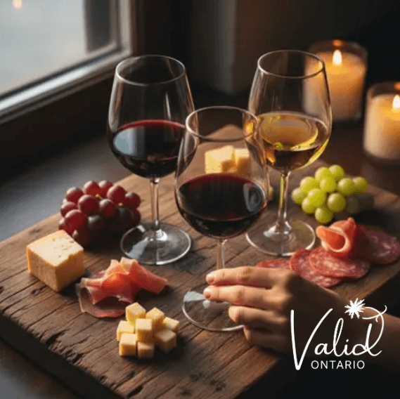 Three glasses of wine and a charcuterie board with cheese, grapes, and cured meats.