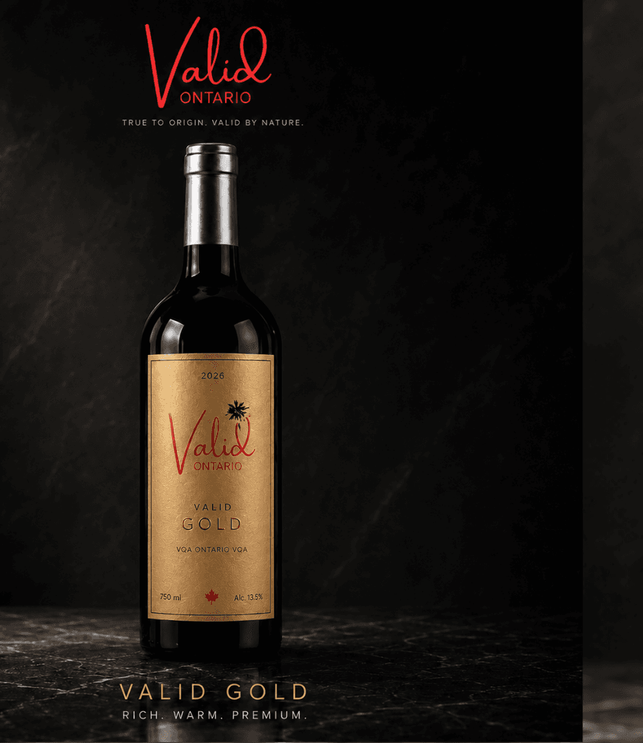 Valid Gold Ontario red wine bottle with a textured gold label against dark marble.