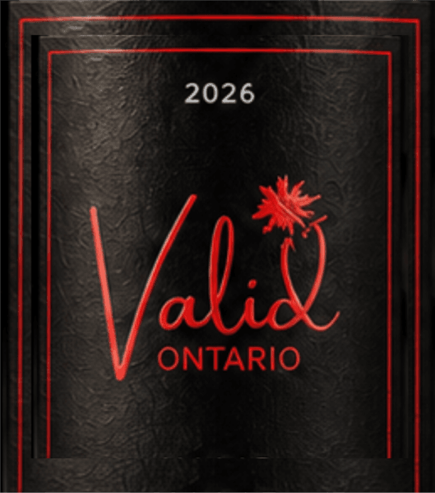 Black textured label with red borders, white 2026, and red script reading Valid Ontario.