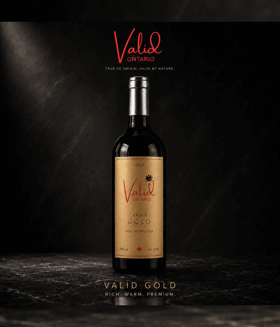 Valid Gold red wine bottle with a gold label on a dark marble surface.